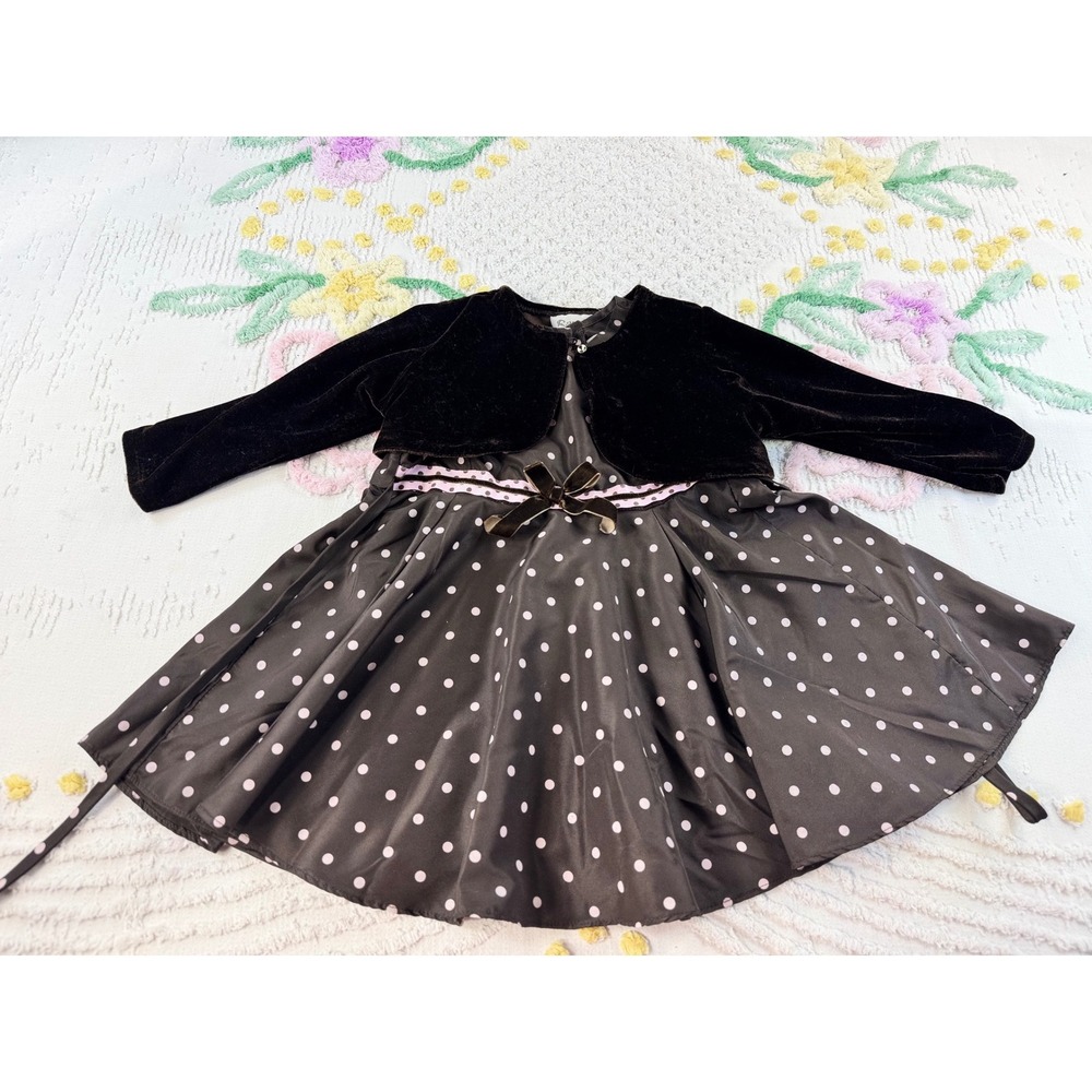 Rare Too Toddler Girls 24M Brown Pink Polka Dot Dress Velvet Bolero Shrug Set
